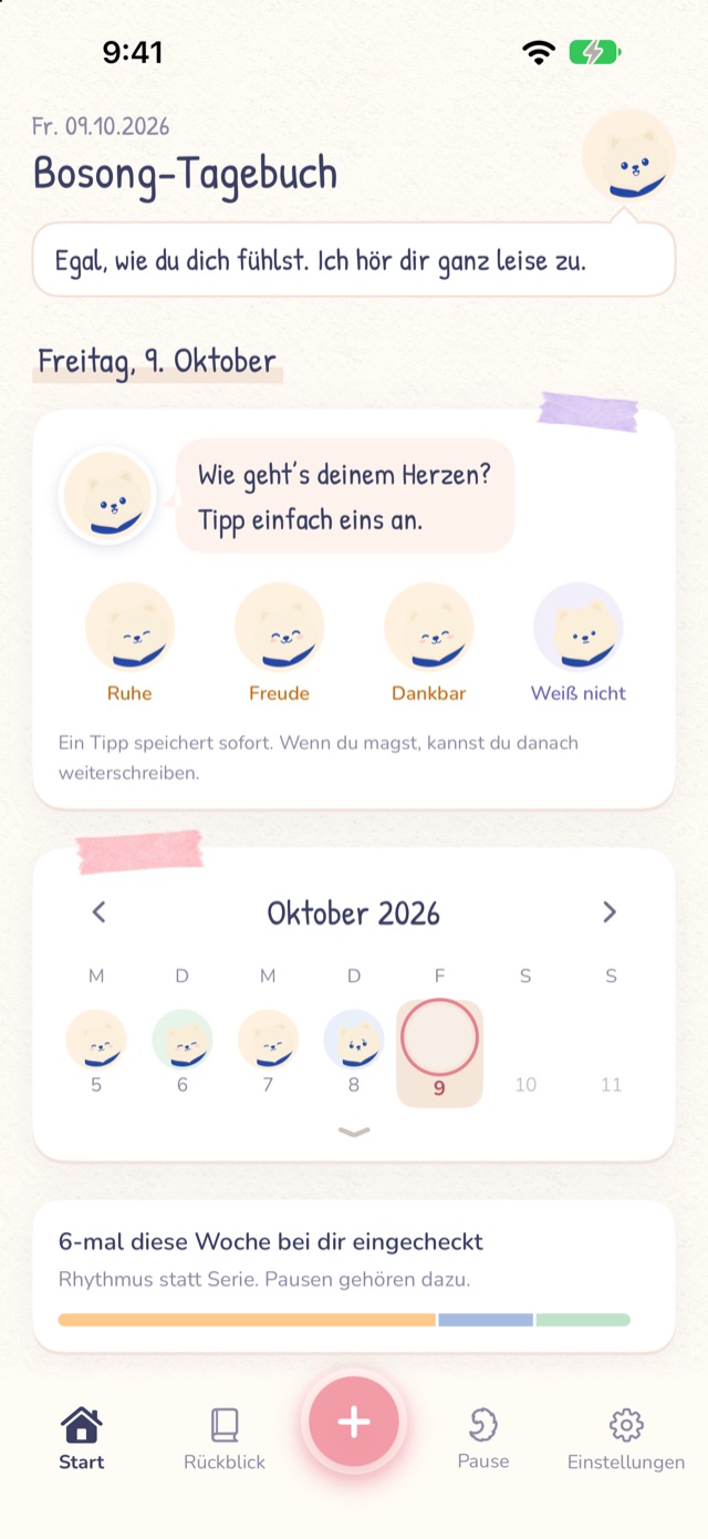 Startbildschirm von Bosong: eine Karte mit ein paar XIU-Gesichtern zum Antippen und der Kalender dieser Woche