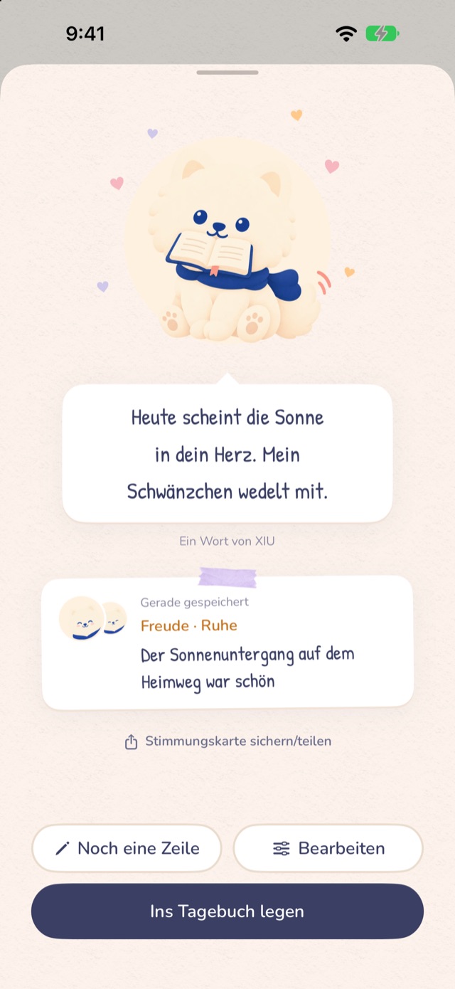 Bildschirm nach dem Speichern: XIU mit einem Buch, eine Sprechblase und eine Karte mit den eben gespeicherten Gefühlen