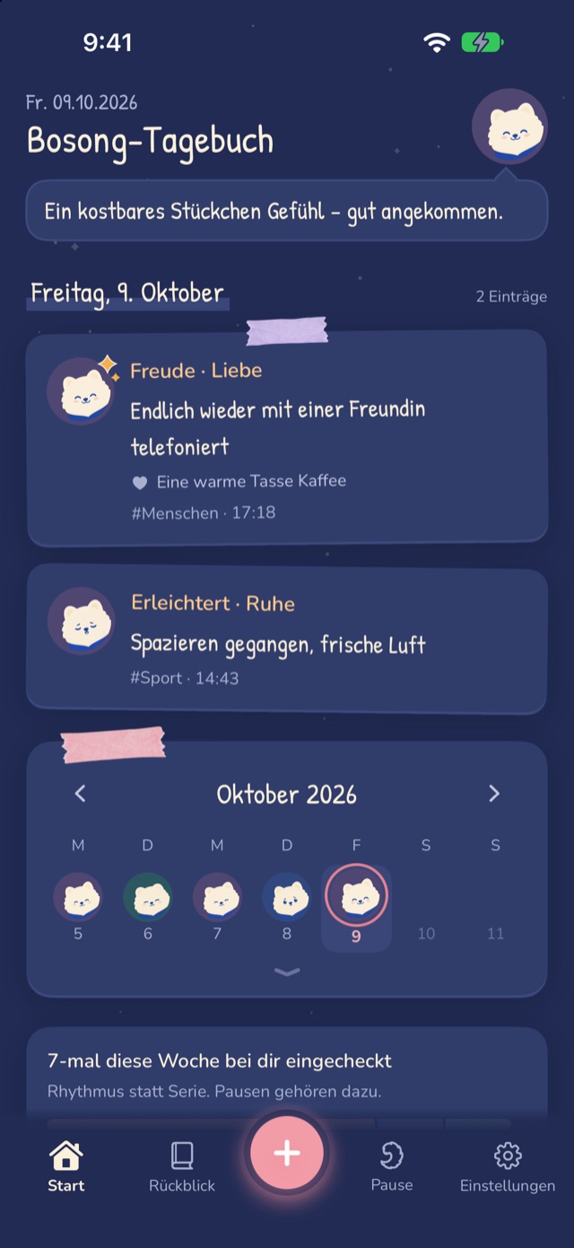 Startbildschirm von Bosong im dunklen Modus: zwei Einträge von heute und der Kalender auf dunkelblauem Nachthimmel