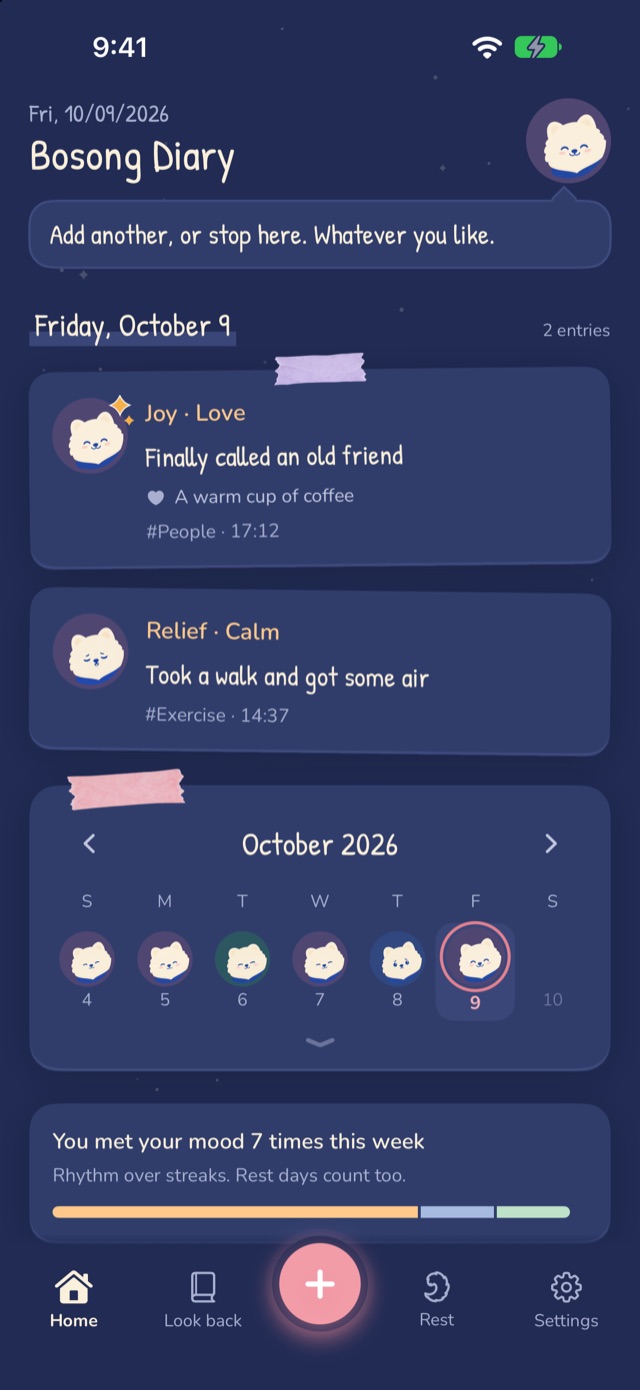 Bosong home in dark mode: two of today’s entries and the calendar on a navy night sky