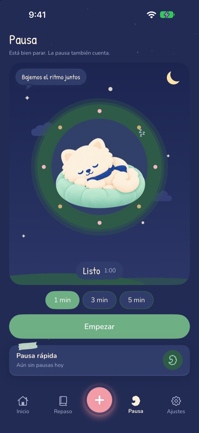 Pantalla de pausa de Bosong: XIU dormido en un cojín bajo el cielo nocturno y el botón para empezar a respirar