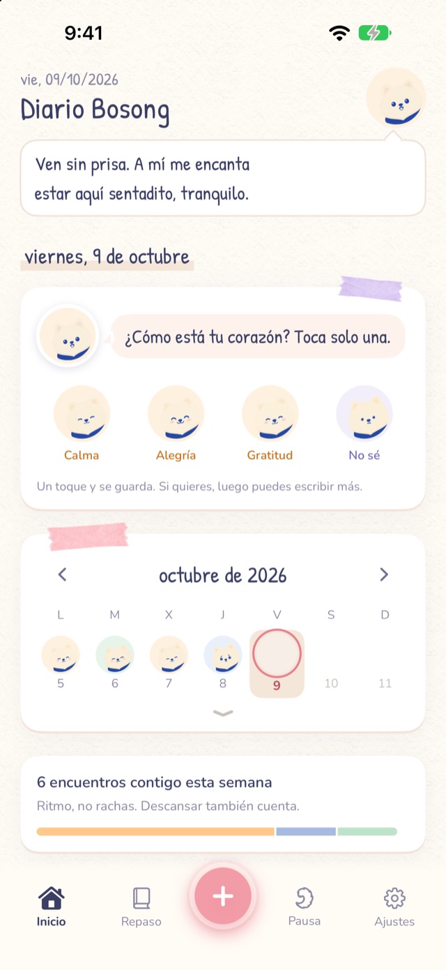 Pantalla de inicio de Bosong: una tarjeta con algunas caritas de XIU para tocar y el calendario de la semana