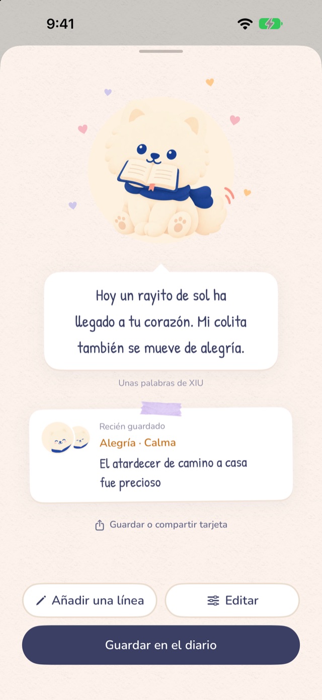 Pantalla después de guardar: XIU con un libro, un globo de texto y una tarjeta con las emociones que acabas de registrar