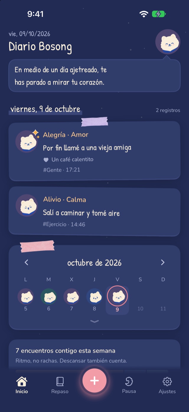 Inicio de Bosong en modo oscuro: dos registros de hoy y el calendario sobre un cielo nocturno azul marino