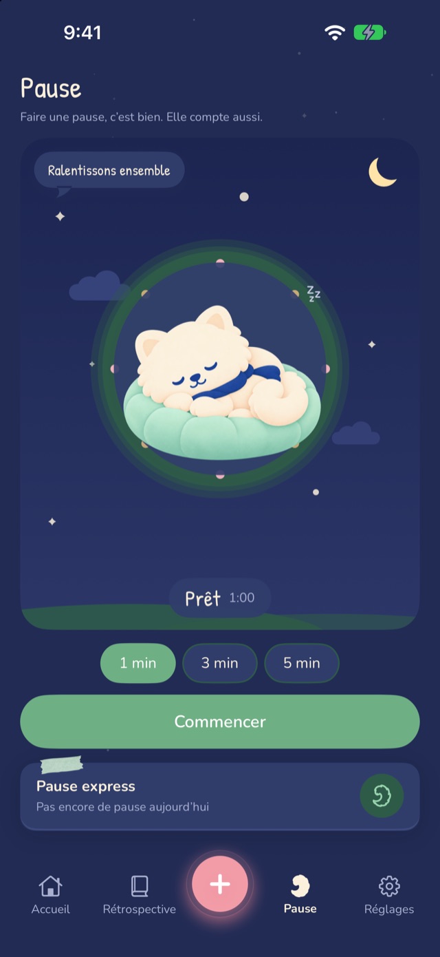 Écran de pause de Bosong : XIU endormi sur un coussin sous le ciel de nuit, avec le bouton pour commencer à respirer