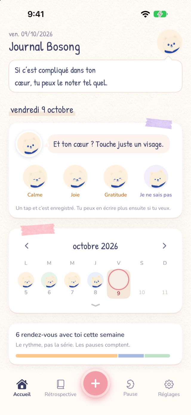 Écran d’accueil de Bosong : une carte avec quelques visages de XIU à toucher et le calendrier de la semaine