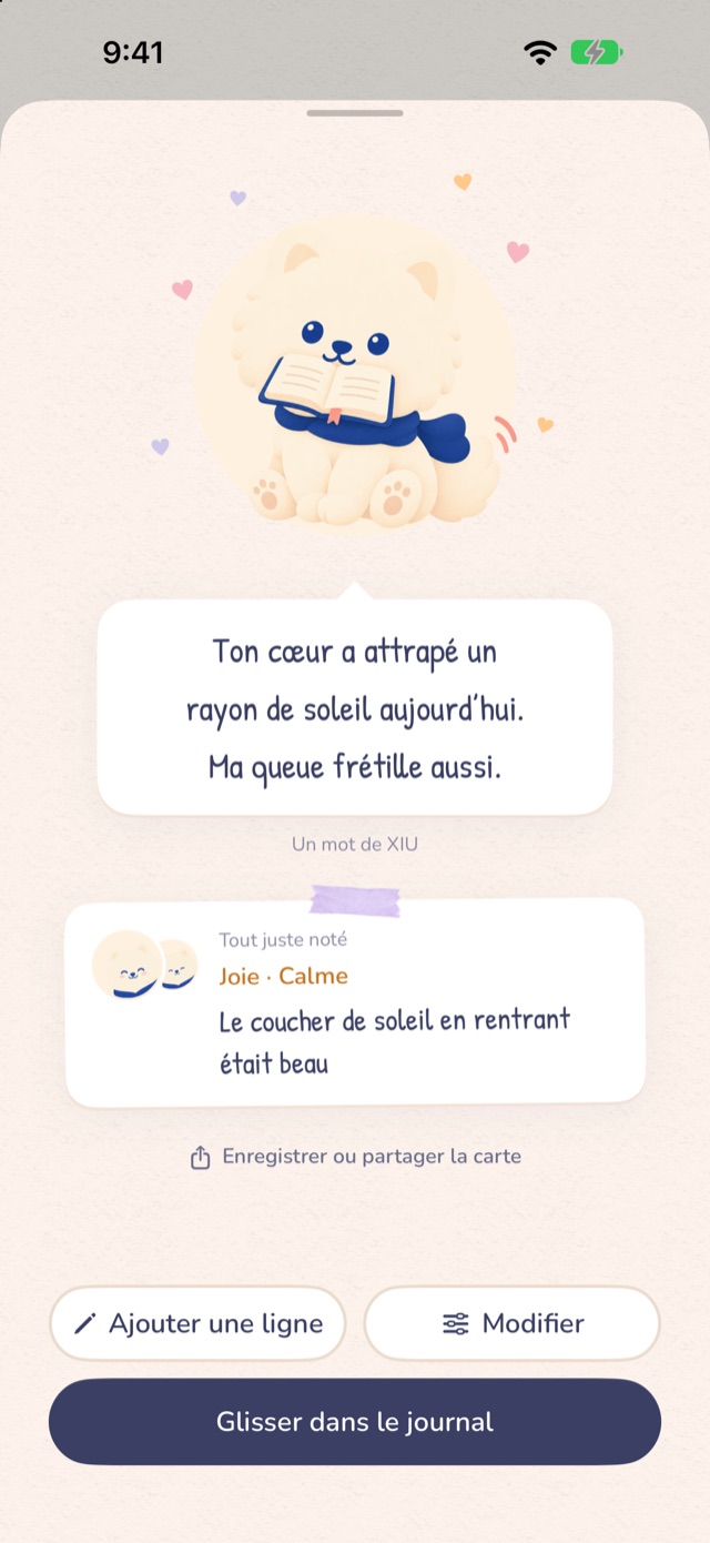 Écran après l’enregistrement : XIU tenant un livre dans sa gueule, une bulle de texte et une carte des émotions que tu viens de noter