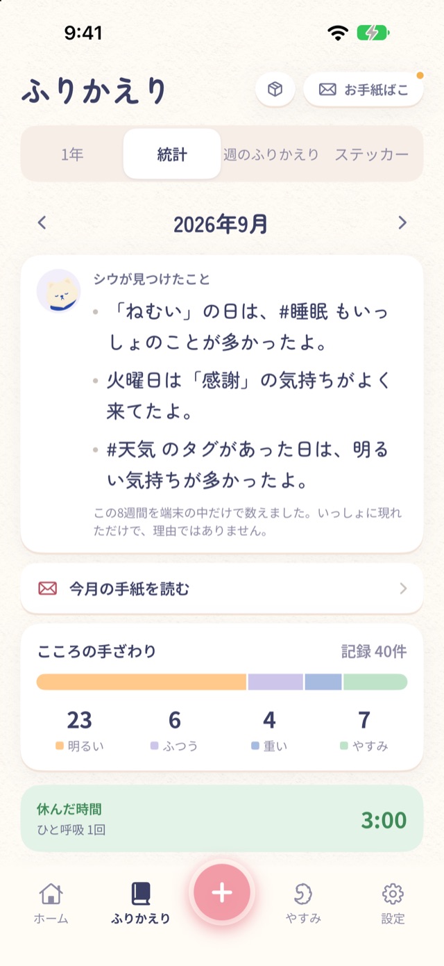 ふりかえりの統計画面：シウが見つけたことと、今月の気持ちの割合を示すバー