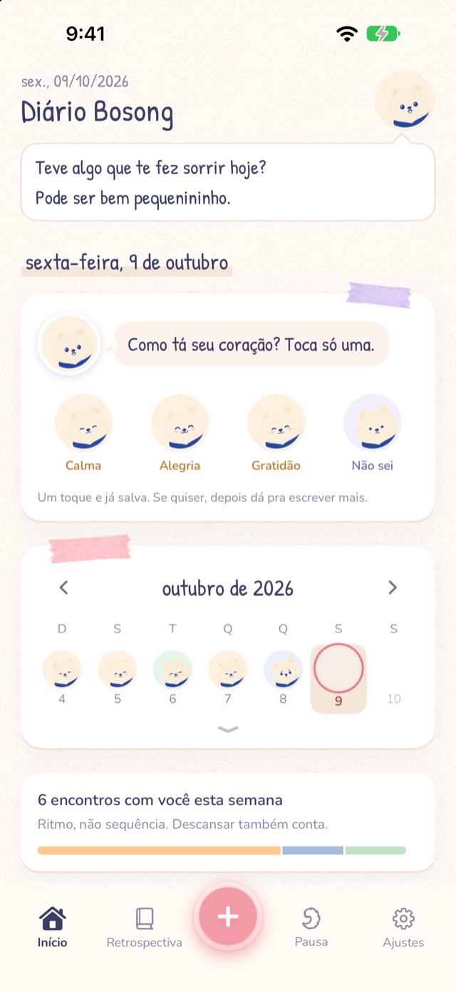 Tela inicial do Bosong: um cartão com algumas carinhas do XIU para tocar e o calendário da semana