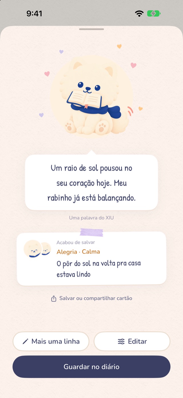 Tela depois de salvar: XIU com um livro, um balão de fala e um cartão com as emoções que você acabou de registrar