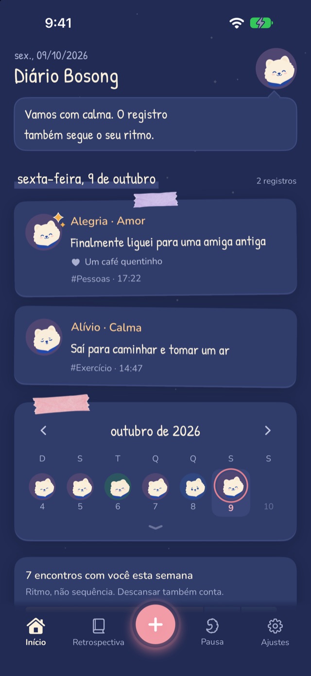 Início do Bosong no modo escuro: dois registros de hoje e o calendário num céu noturno azul-marinho