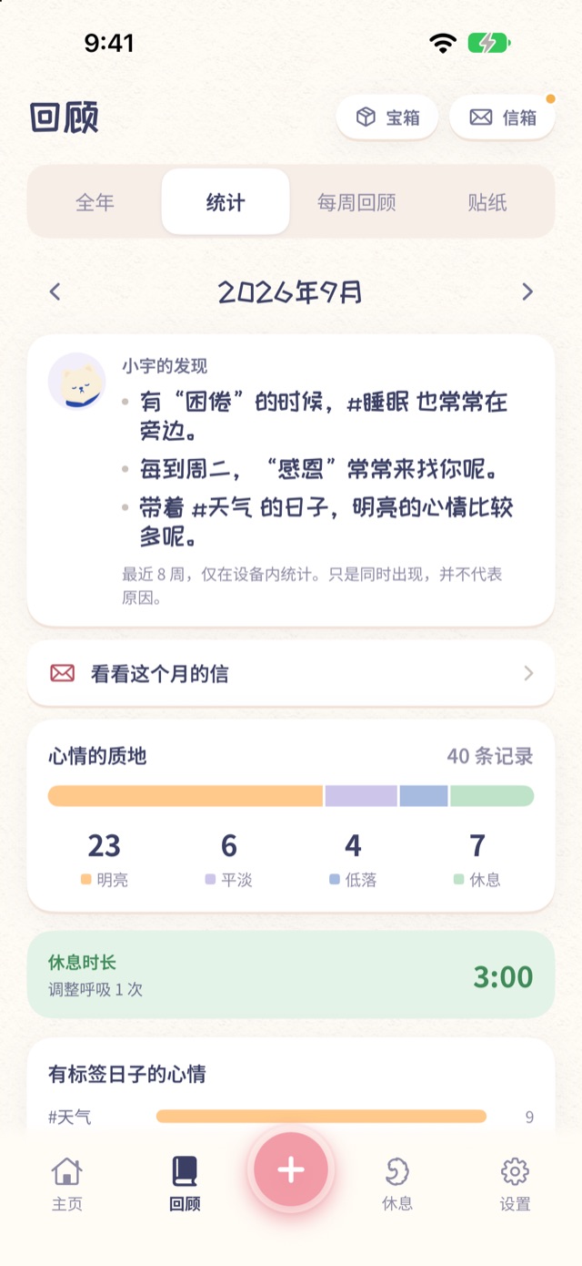 回顾统计页面：小宇发现的事情和本月心情比例条